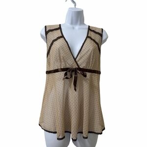 Womens Mesh Sheer Babydoll Lace Trim Tank Top Size L Beige Y2K Festival Fairy